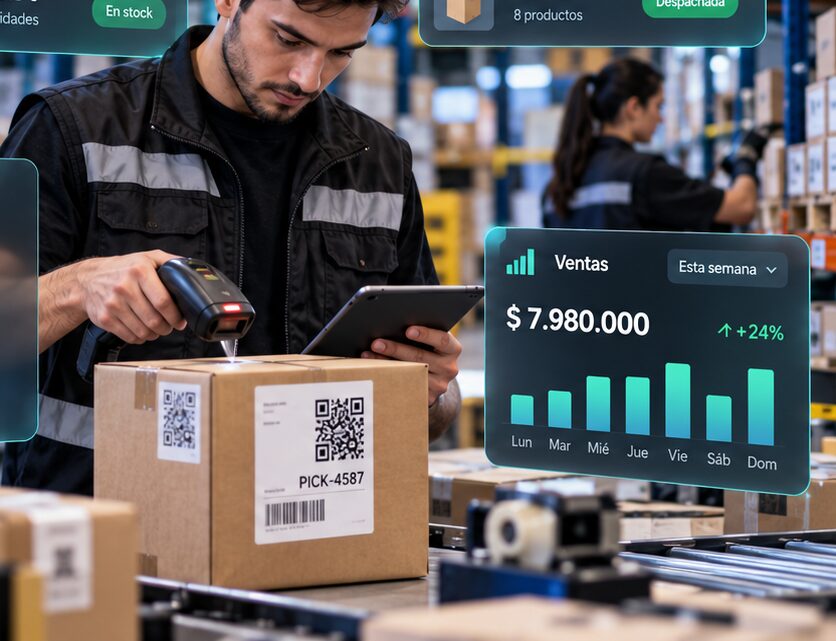 Operario de bodega escaneando una caja con tablet en mano, con el inventario, las órdenes de venta y el estado del despacho de PICKIA sobre la escena.