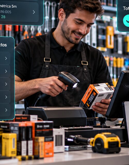 Vendedor de una ferretería escaneando un producto en el mesón, con el inventario por familias y el detalle de la venta de PICKIA sobre la escena.