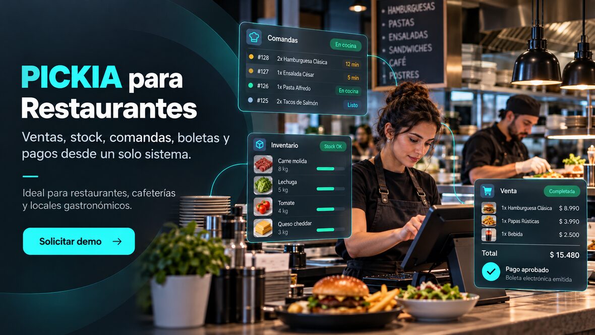 Cajera de un restaurante atendiendo en un terminal, con el detalle de la venta, el pago aprobado y el inventario de insumos de PICKIA sobre la escena.