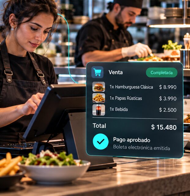 Cajera de un restaurante atendiendo en un terminal, con el detalle de la venta, el pago aprobado y el inventario de insumos de PICKIA sobre la escena.