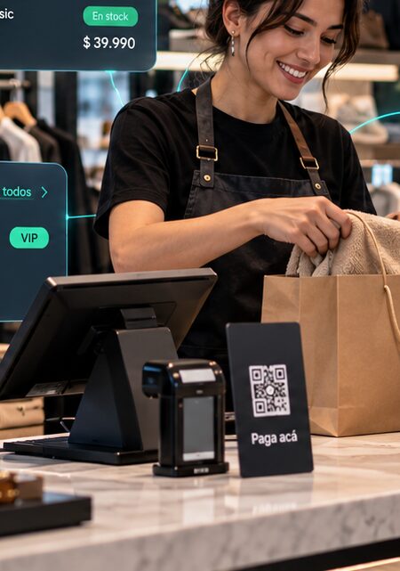 Vendedora de una tienda de ropa entregando una bolsa en el mesón, con el catálogo de productos, las ventas del día y la ficha de la clienta de PICKIA sobre la escena.