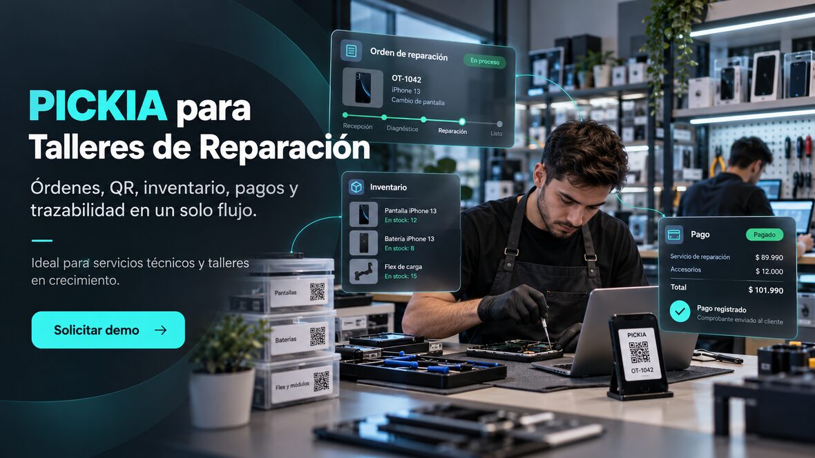 Técnico reparando un teléfono en un taller, con la orden de reparación, el inventario de repuestos y el pago de PICKIA sobre la escena.