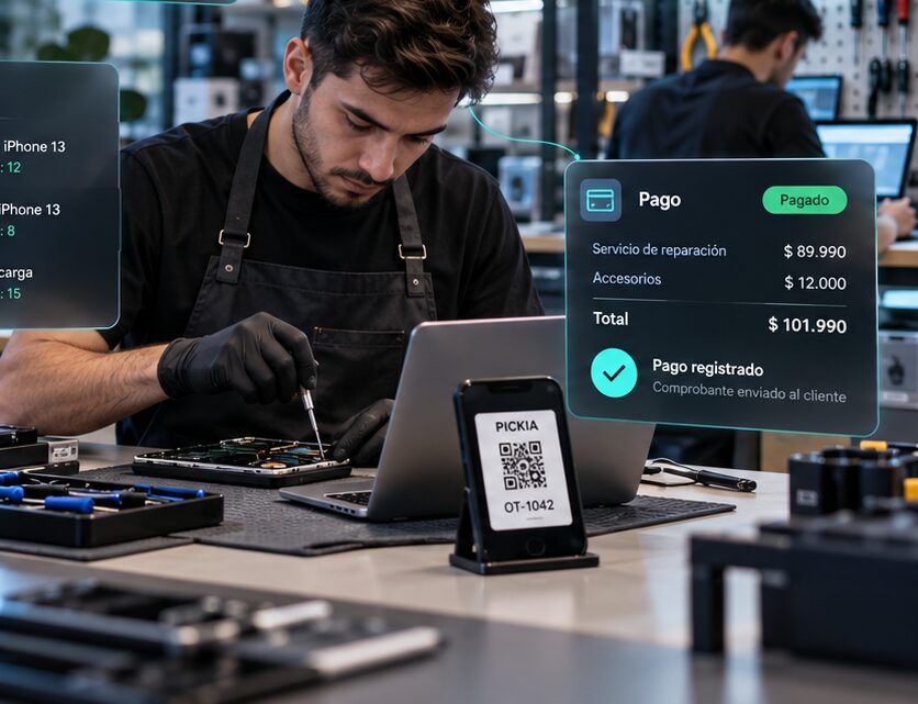 Técnico reparando un teléfono en un taller, con la orden de reparación, el inventario de repuestos y el pago de PICKIA sobre la escena.